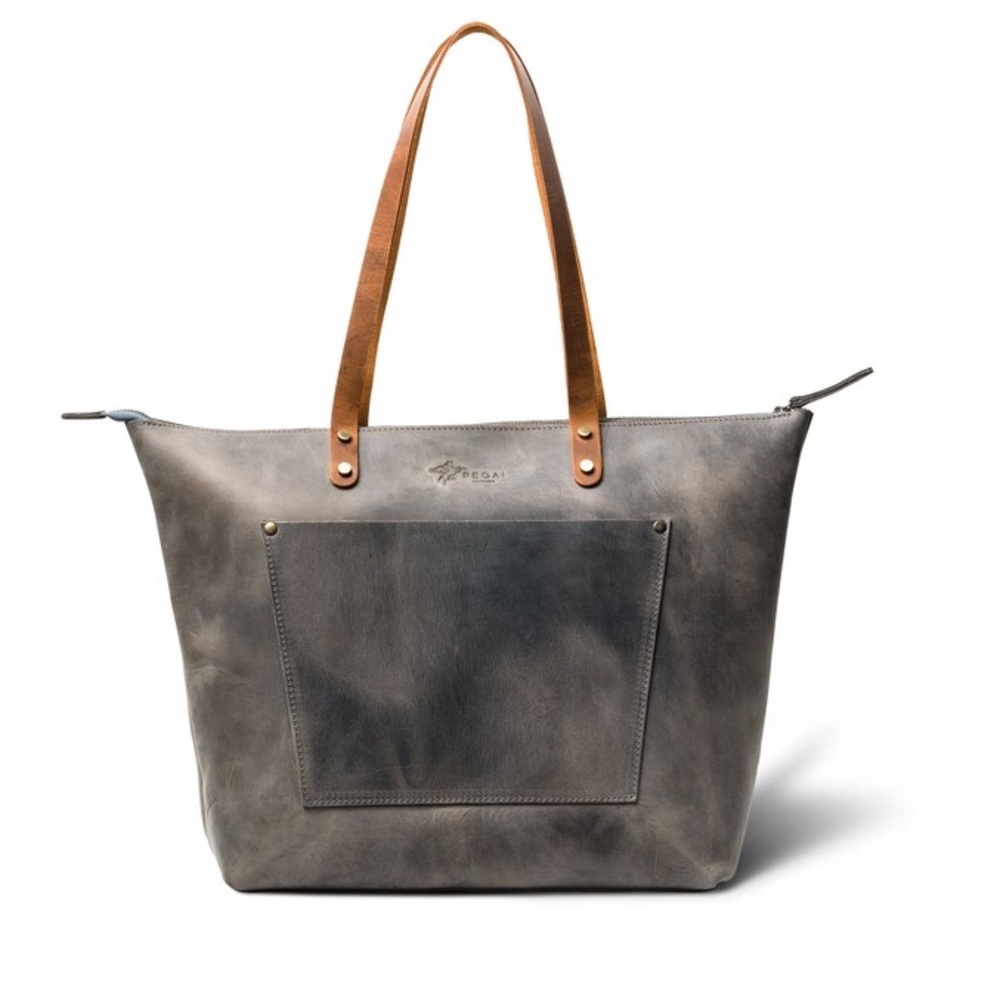 Leather Tote Gray w Zipper and Pockets